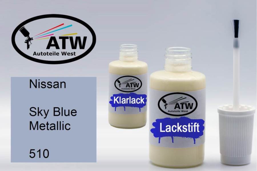 Nissan, Sky Blue Metallic, 510: 20ml Lackstift + 20ml Klarlack - Set, von ATW Autoteile West.